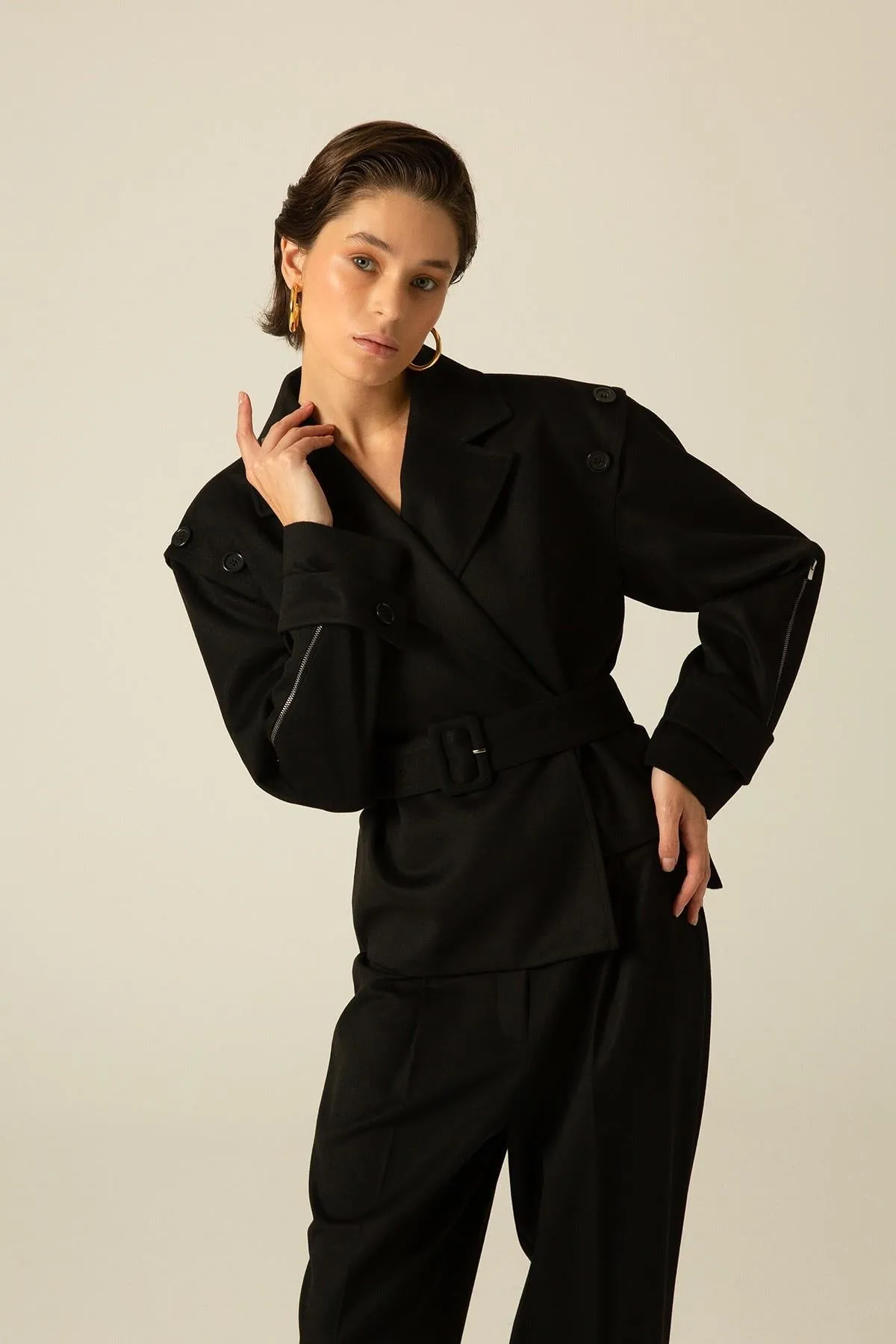 Asymmetrical Black Cachet Jacket with Belt