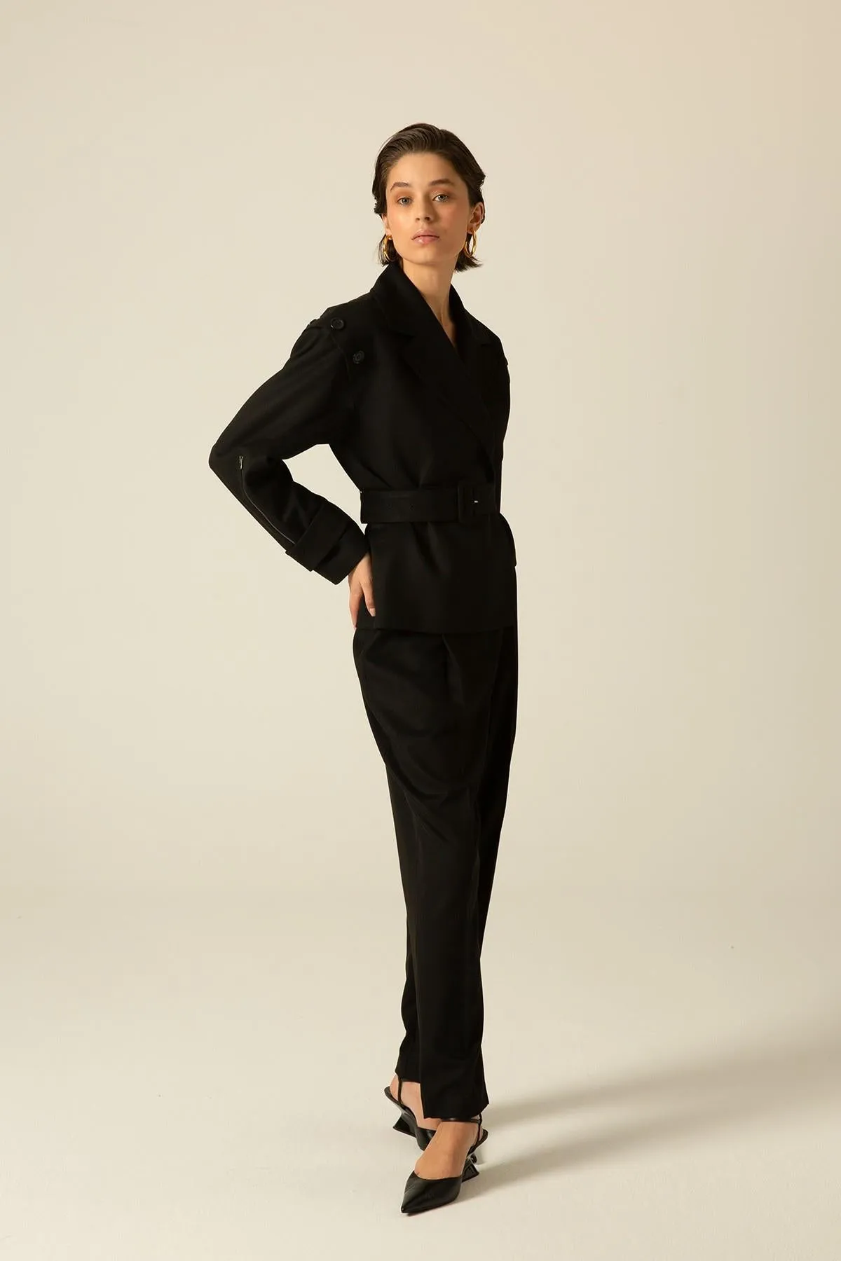 Asymmetrical Black Cachet Jacket with Belt