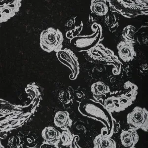 Black Abstract Floral with White Paisleys Textured Brocade Fabric