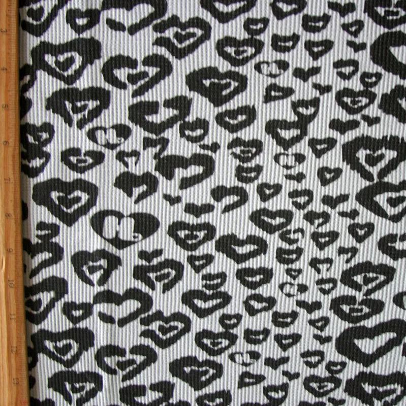 Black HJ Hearts on Light Grey Cotton Thermal Knit Fabric