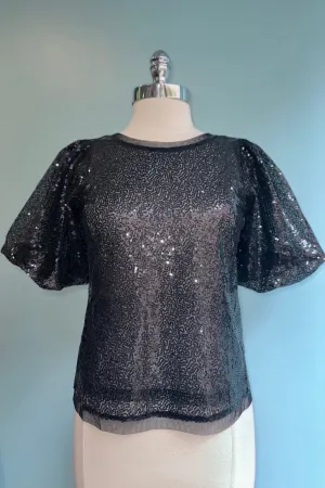 Black Sequin Puff Sleeve Top