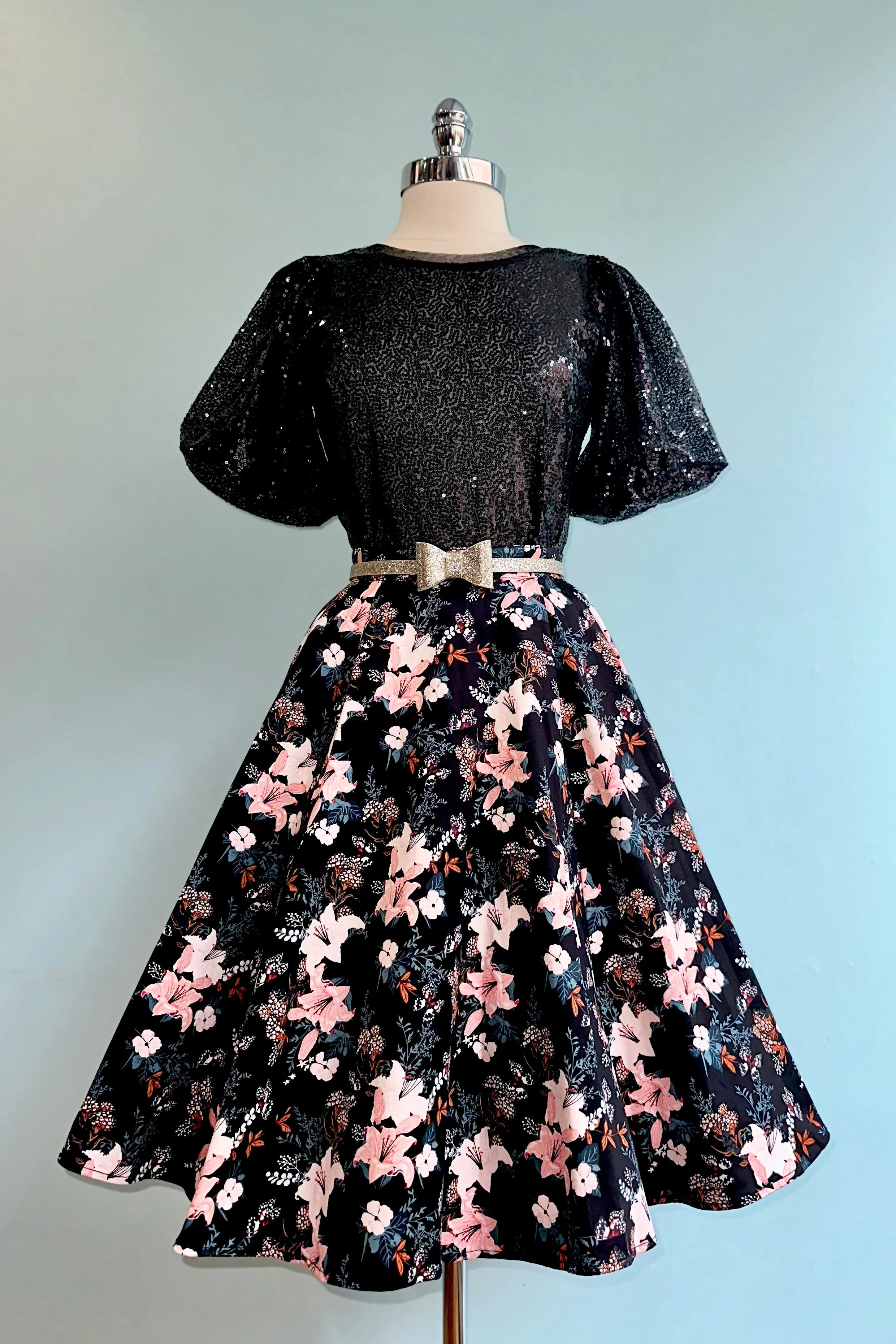 Black Sequin Puff Sleeve Top