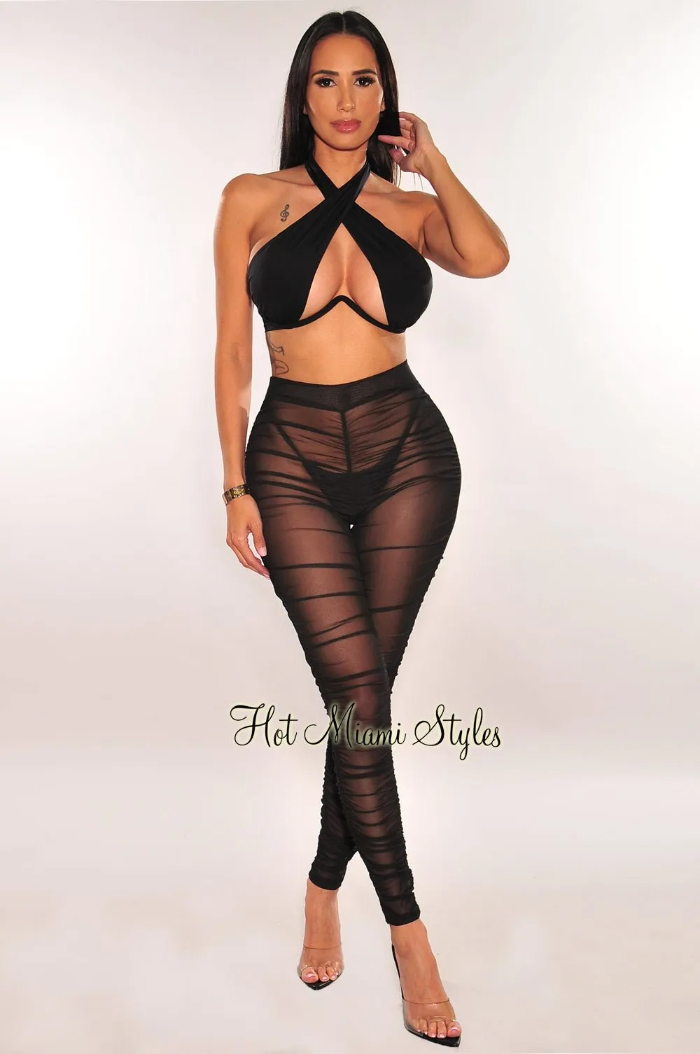 Black Sheer High Waist Ruched Cover Up Pants