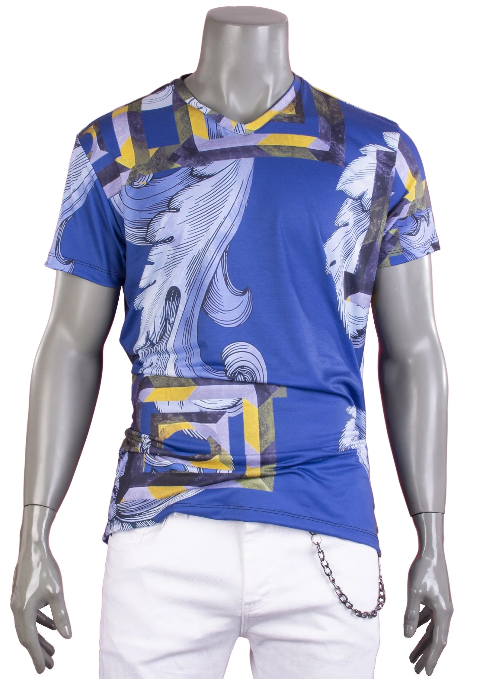 Blue Gold Crest Print V-neck Tee