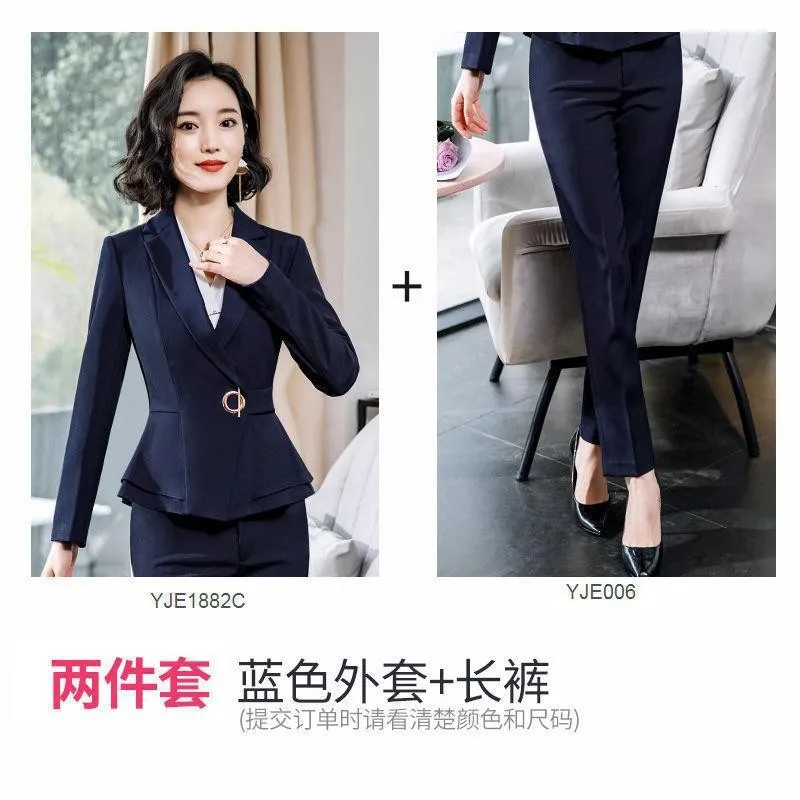 Factory spot wholesale wine red blue black 5XL women&#39;s winter two-piece formal Long Sleeve Ruffle slim fitting suit and pants of