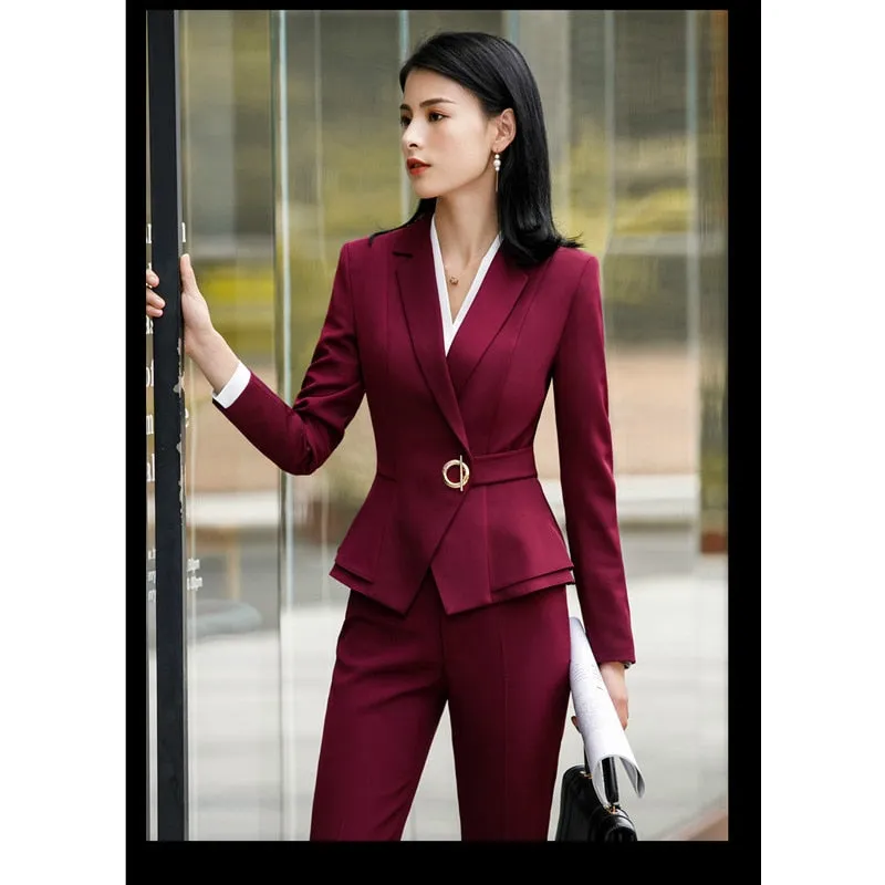 Factory spot wholesale wine red blue black 5XL women&#39;s winter two-piece formal Long Sleeve Ruffle slim fitting suit and pants of