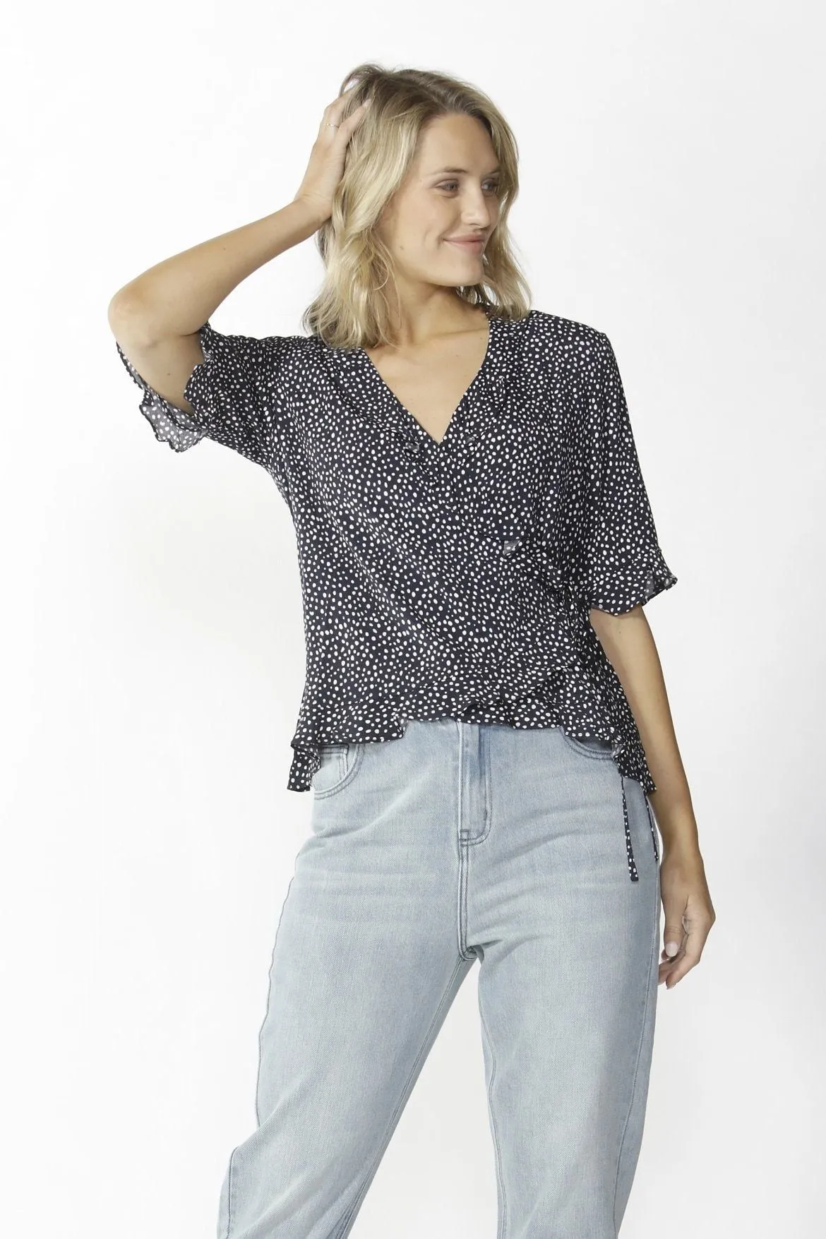 Fate   Becker Lisbon Wrap Top in Navy Polka Dot