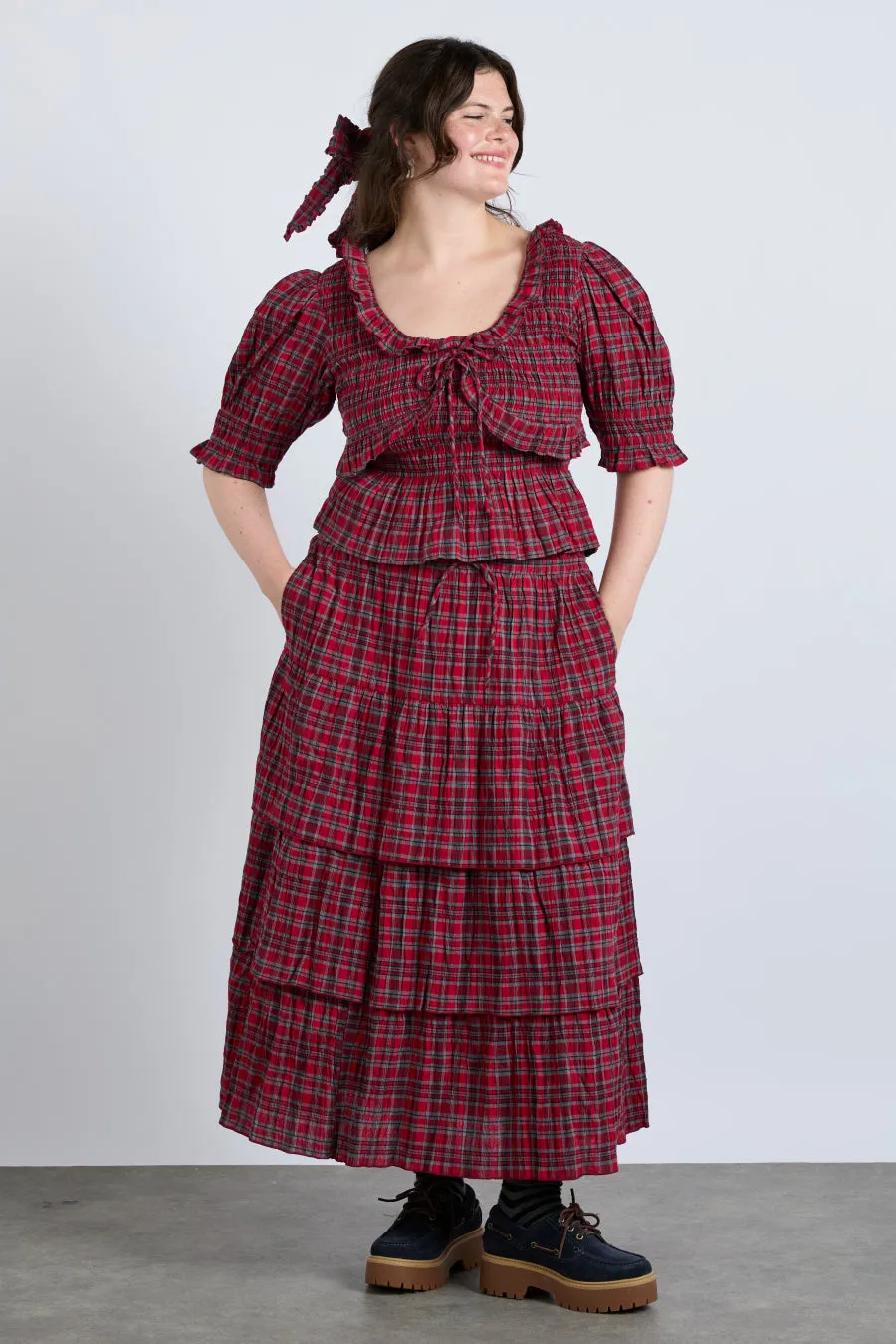 malika ra ra midi skirt - red check