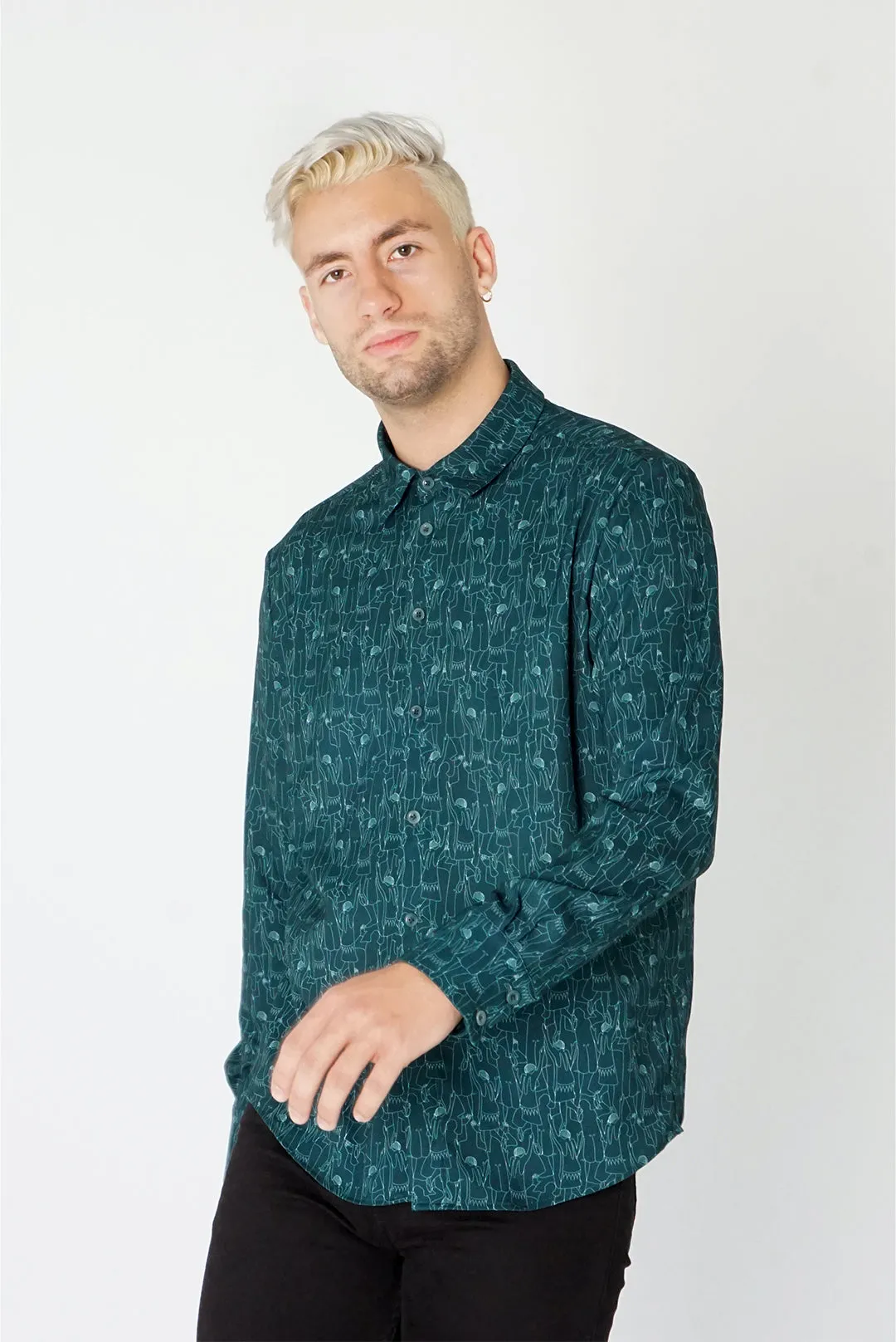 Men's Classic Long Sleeve Shirt in Green Tiny Dancers Print