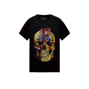 Rhinestone Pirates Print Skull Black T-shirt