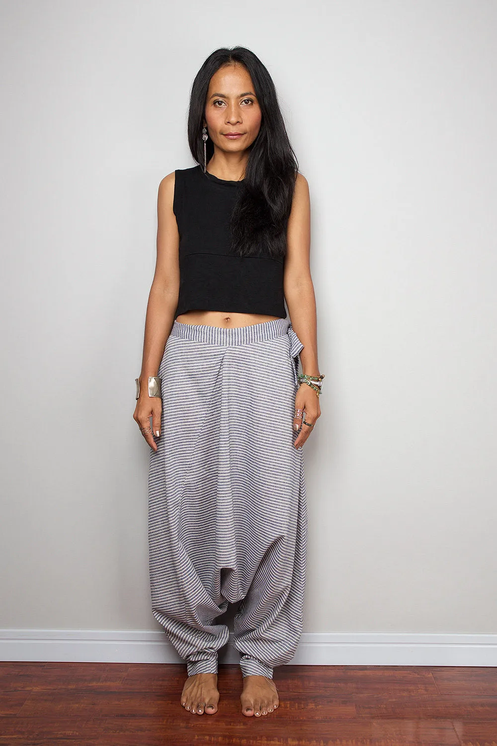 Striped Pants / Wide leg pants / Washed Blue Striped Harem Pants : Nature Touch Collection III