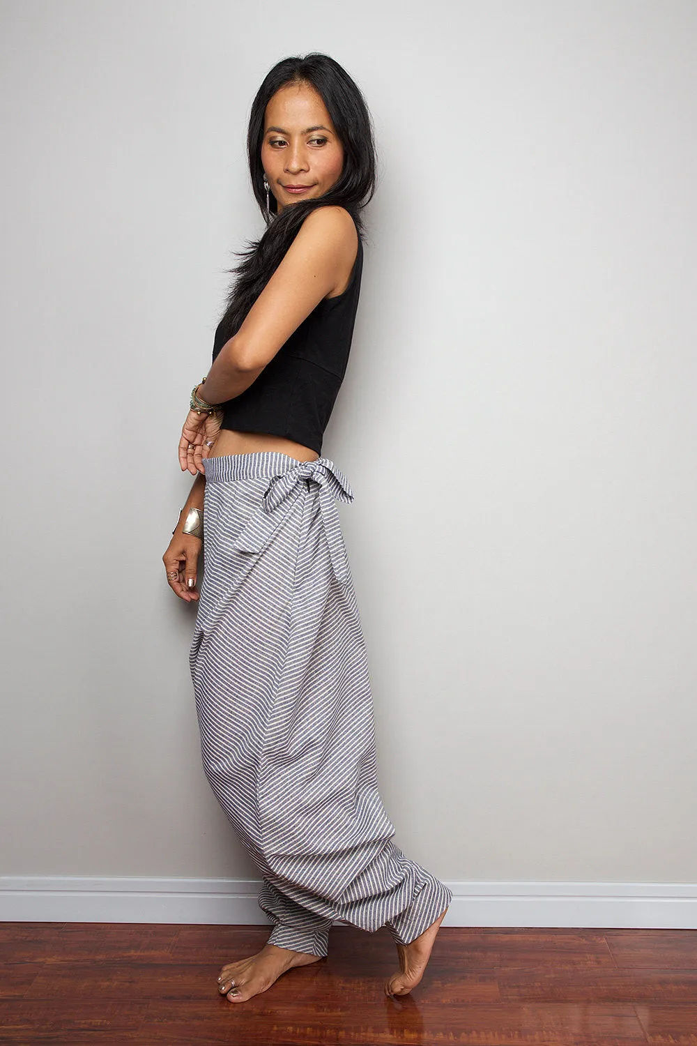 Striped Pants / Wide leg pants / Washed Blue Striped Harem Pants : Nature Touch Collection III