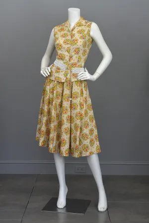 Vintage 1950's Cotton Yellow Rose Print Skirt and Top Dress