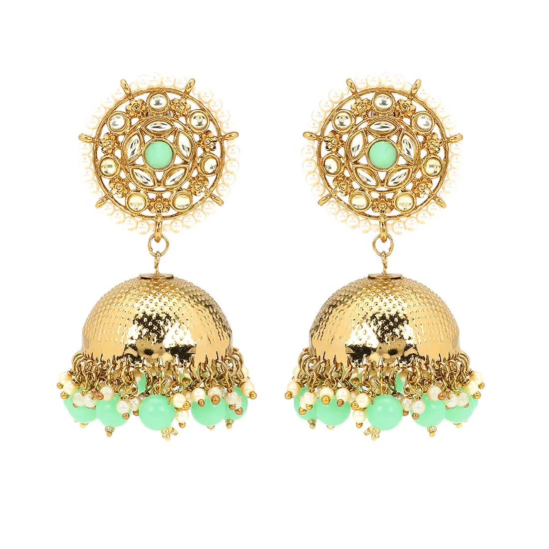 Yellow Chimes Ethnic Gold Plated Traditional Dome shaped Jhumki Green Beads Earrings for Women and Girls, Gold, Green, Medium (YCTJER-KUNDJHUMK-GR)