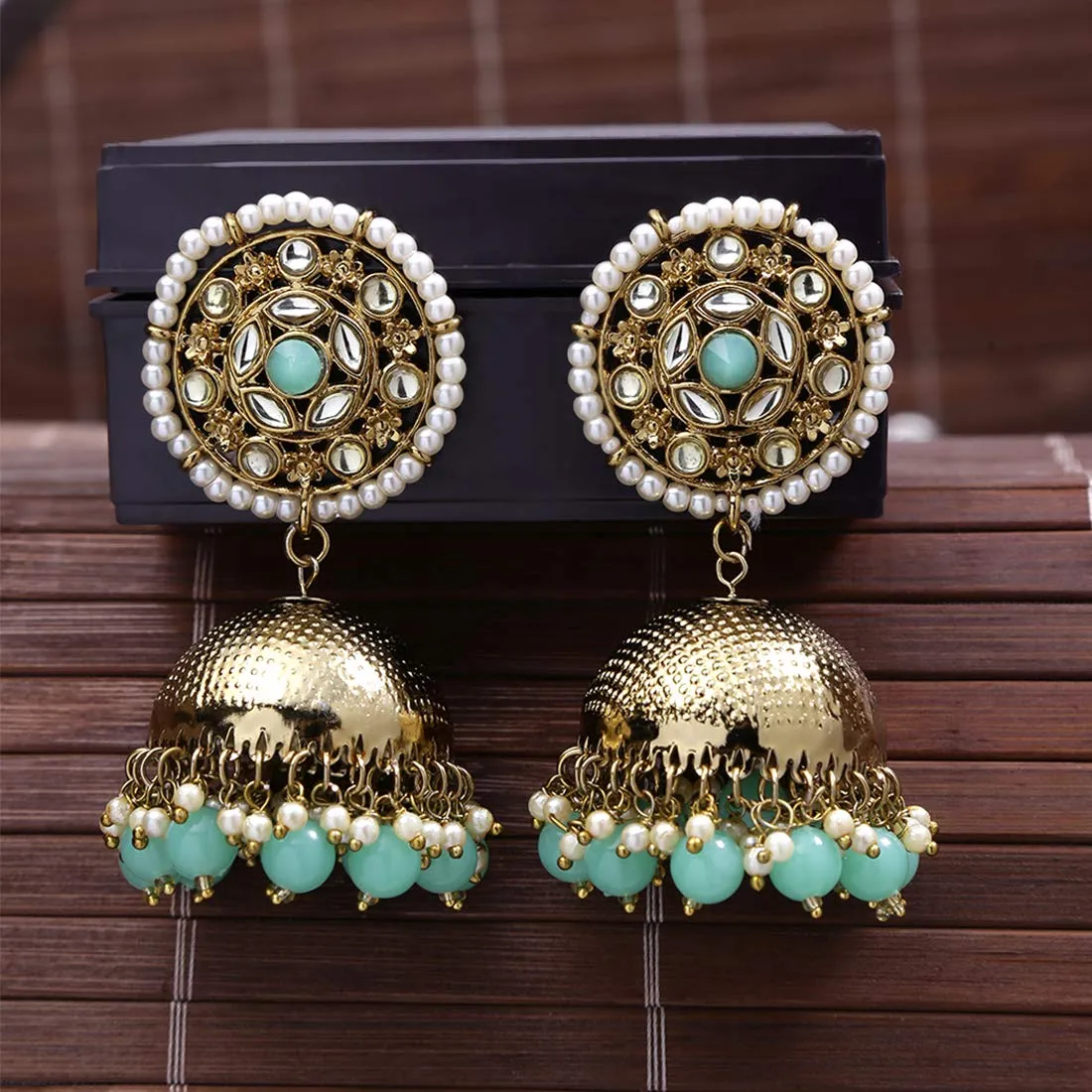 Yellow Chimes Ethnic Gold Plated Traditional Dome shaped Jhumki Green Beads Earrings for Women and Girls, Gold, Green, Medium (YCTJER-KUNDJHUMK-GR)